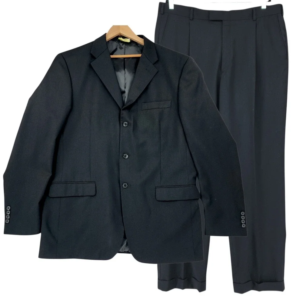 Claiborne Suit 44L 40x32 Men Black 2 pc Wool 3 Button Pleats Professional Formal
